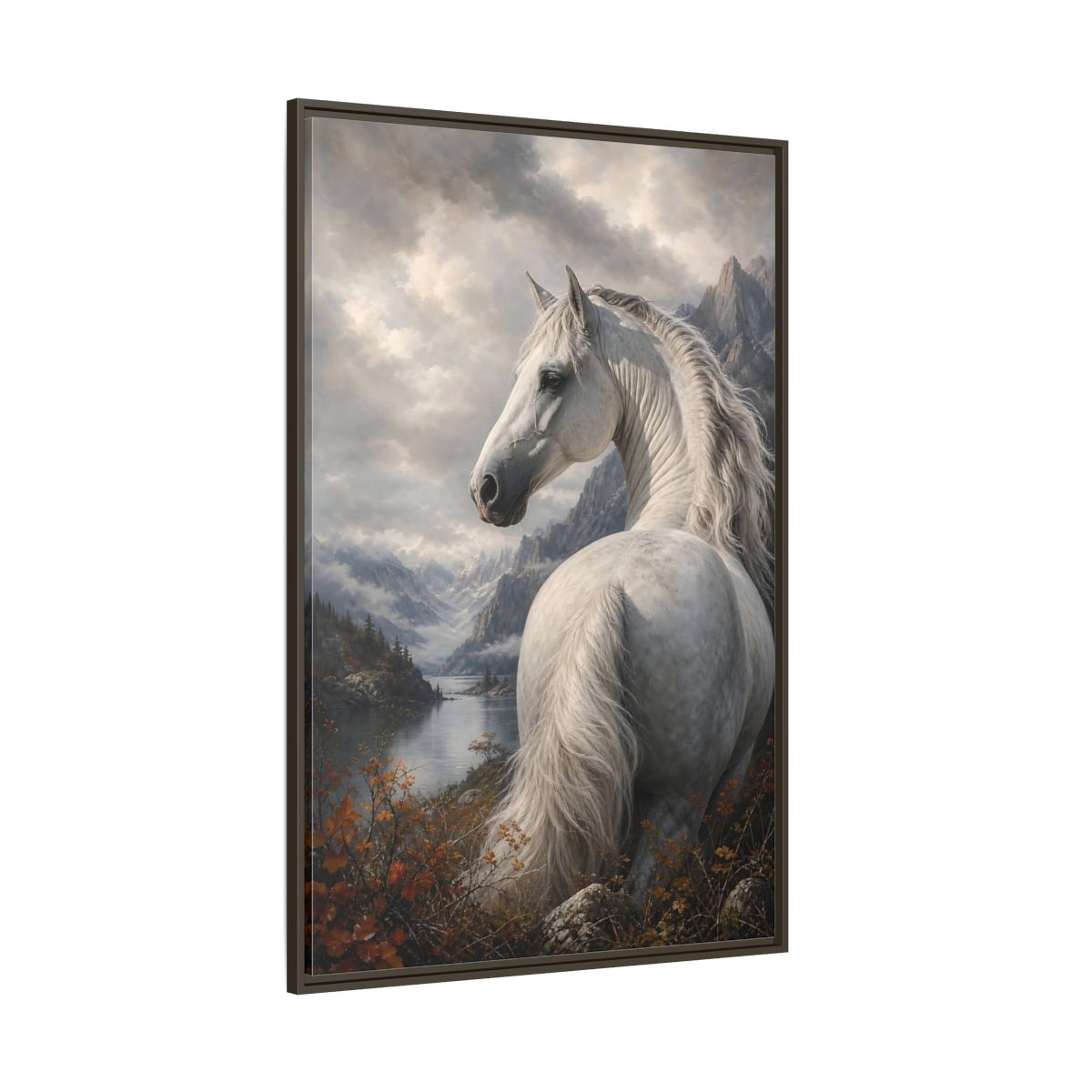 Side Mockup 8. Animals White Horse White Horse Landscape shown as stretched canvas wall art