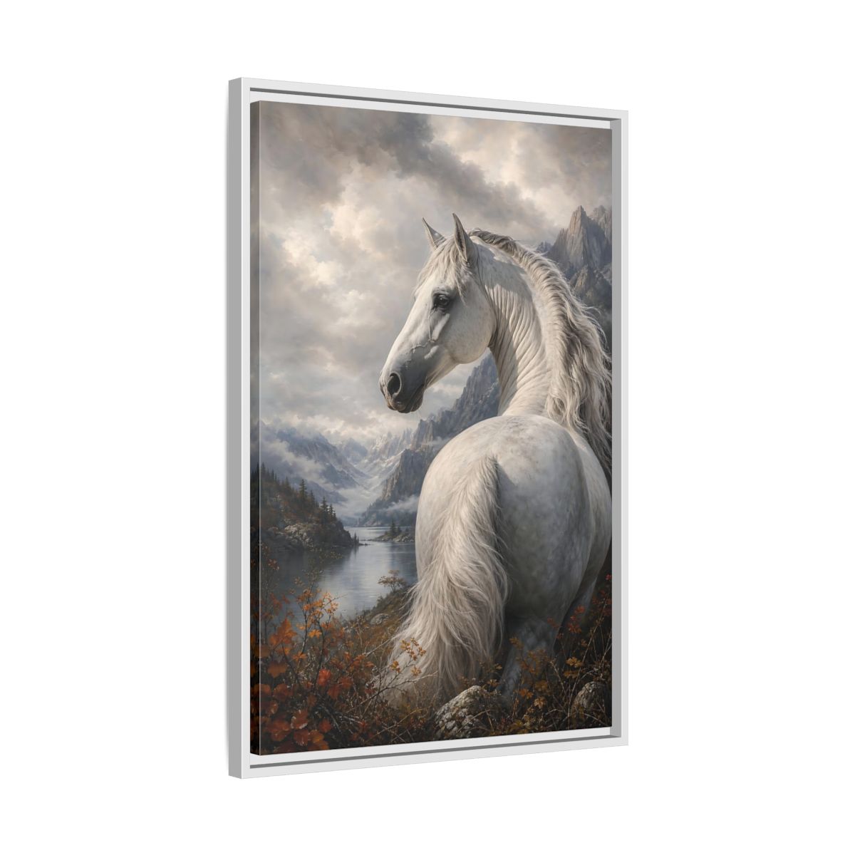 Side Mockup 10. Animals White Horse White Horse Landscape shown as stretched canvas wall art