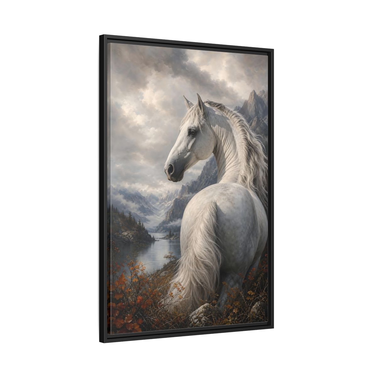 Side Mockup 13. Animals White Horse White Horse Landscape shown as stretched canvas wall art
