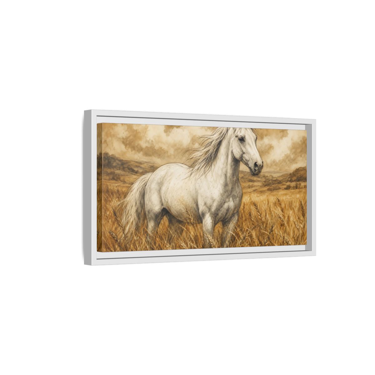 Side Mockup 6. Animals White Horse White Horse Sepia shown as stretched canvas wall art