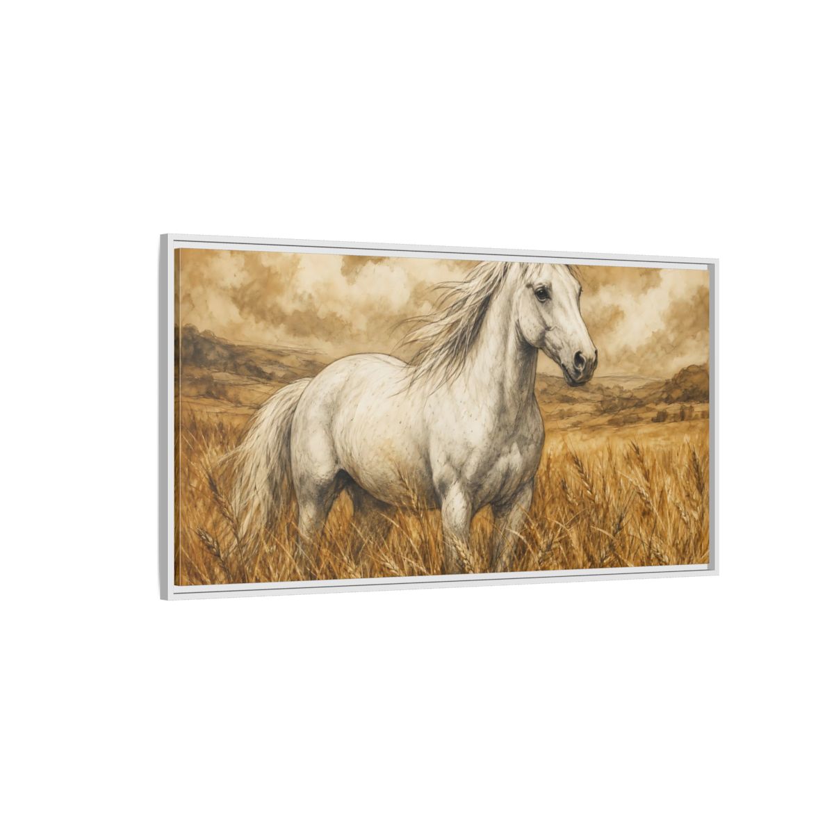 Side Mockup 3. Animals White Horse White Horse Sepia shown as stretched canvas wall art