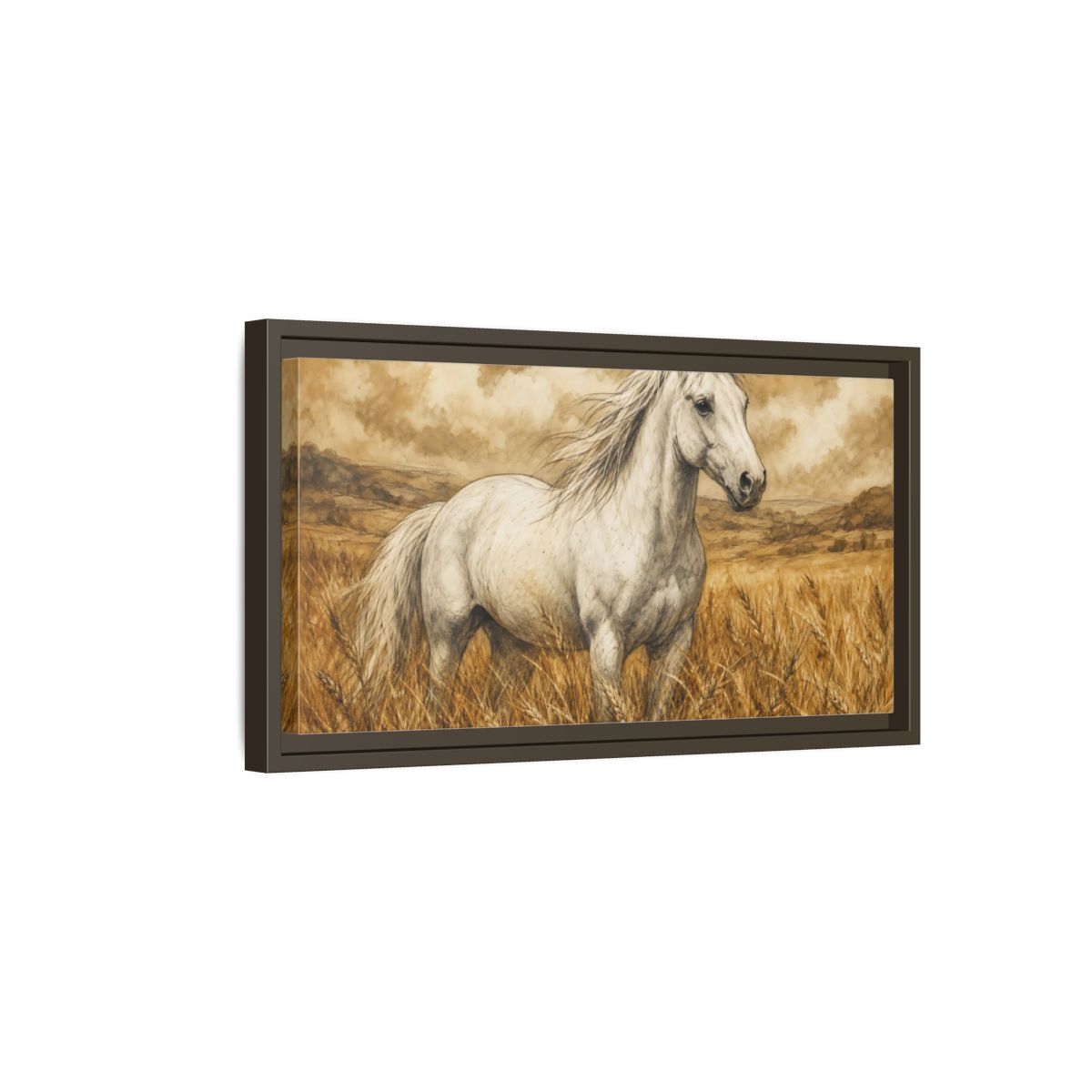 Side Mockup 7. Animals White Horse White Horse Sepia shown as stretched canvas wall art