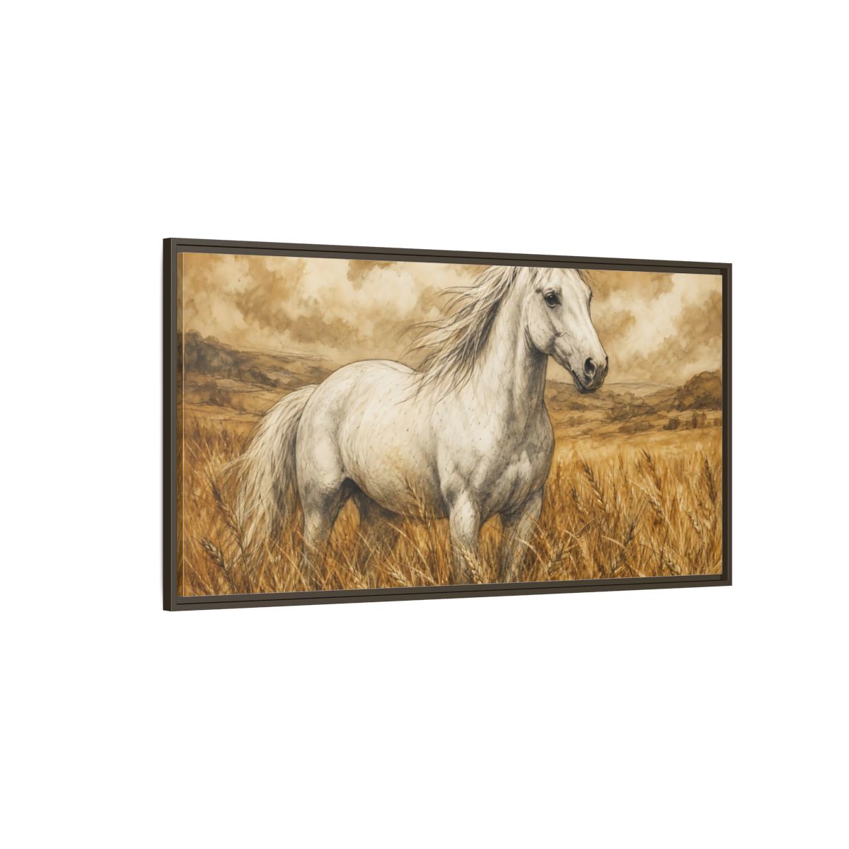 Side Mockup 4. Animals White Horse White Horse Sepia shown as stretched canvas wall art
