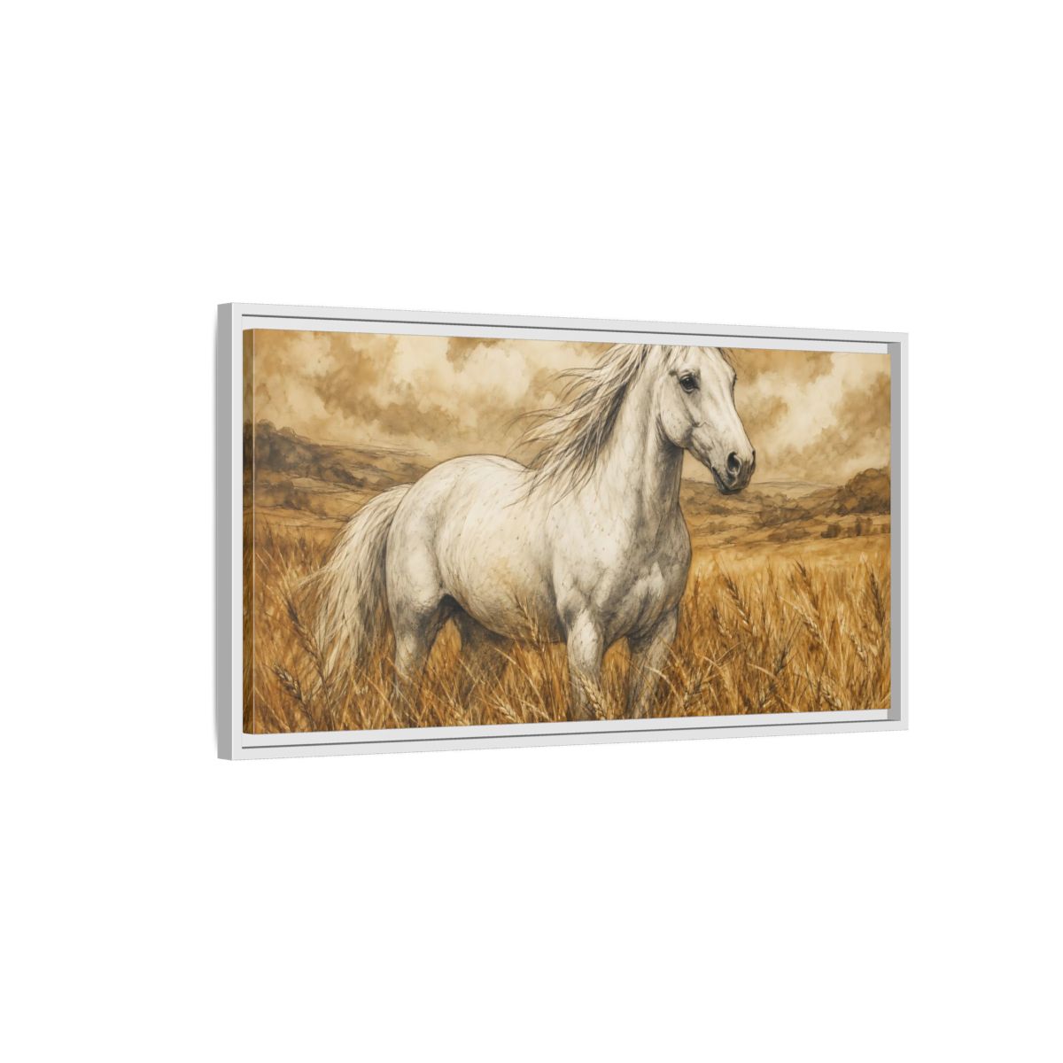 Side Mockup 1. Animals White Horse White Horse Sepia shown as stretched canvas wall art