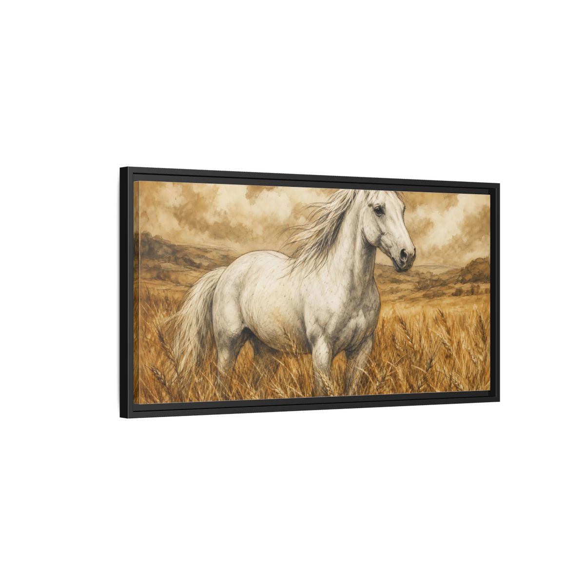 Side Mockup 2. Animals White Horse White Horse Sepia shown as stretched canvas wall art