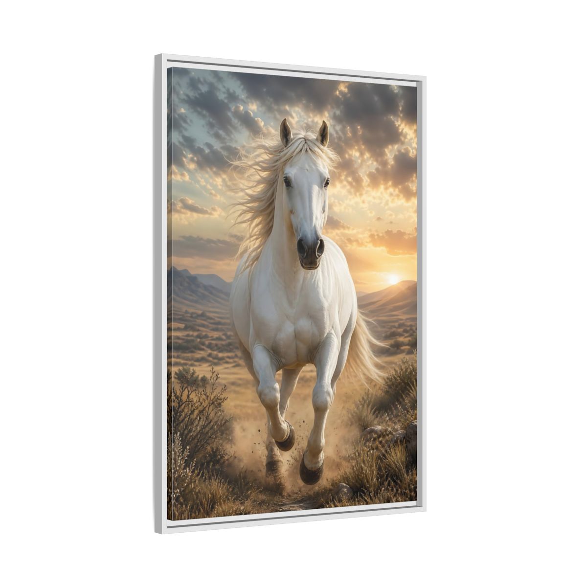 Side Mockup 9. Animals White Horse White Horse Sunset shown as stretched canvas wall art