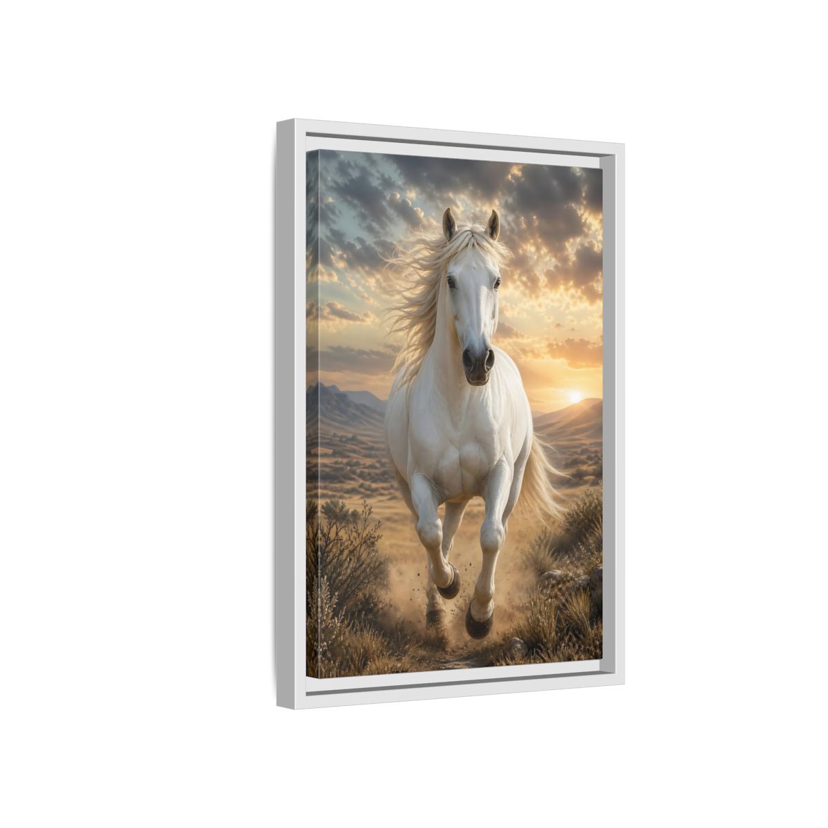 Side Mockup 4. Animals White Horse White Horse Sunset shown as stretched canvas wall art
