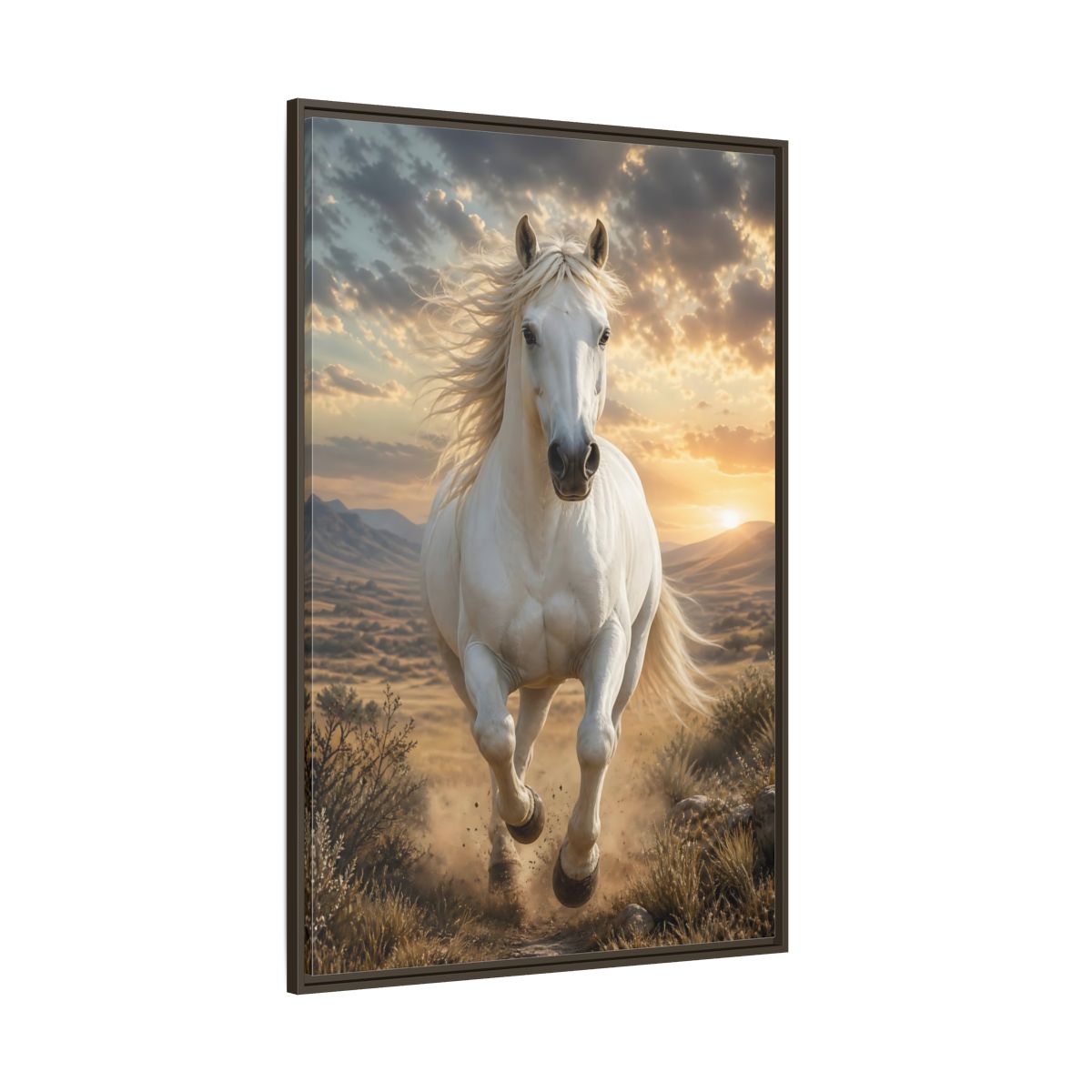 Side Mockup 8. Animals White Horse White Horse Sunset shown as stretched canvas wall art