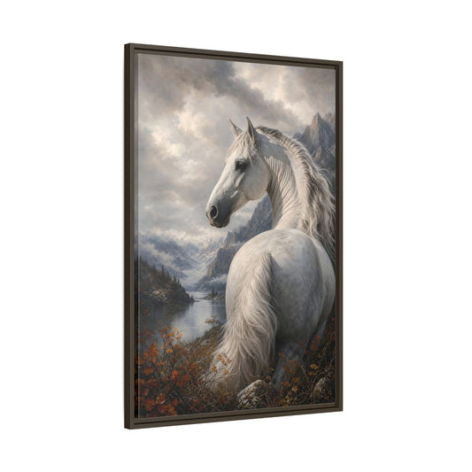 Main Mockup. Animals White Horse White Horse Landscape shown as stretched canvas wall art