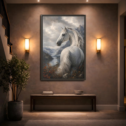 Animals White Horse Landscape Framed Canvas Wall Art - Living Room Decor, Above Console Table shown as canvas wall art