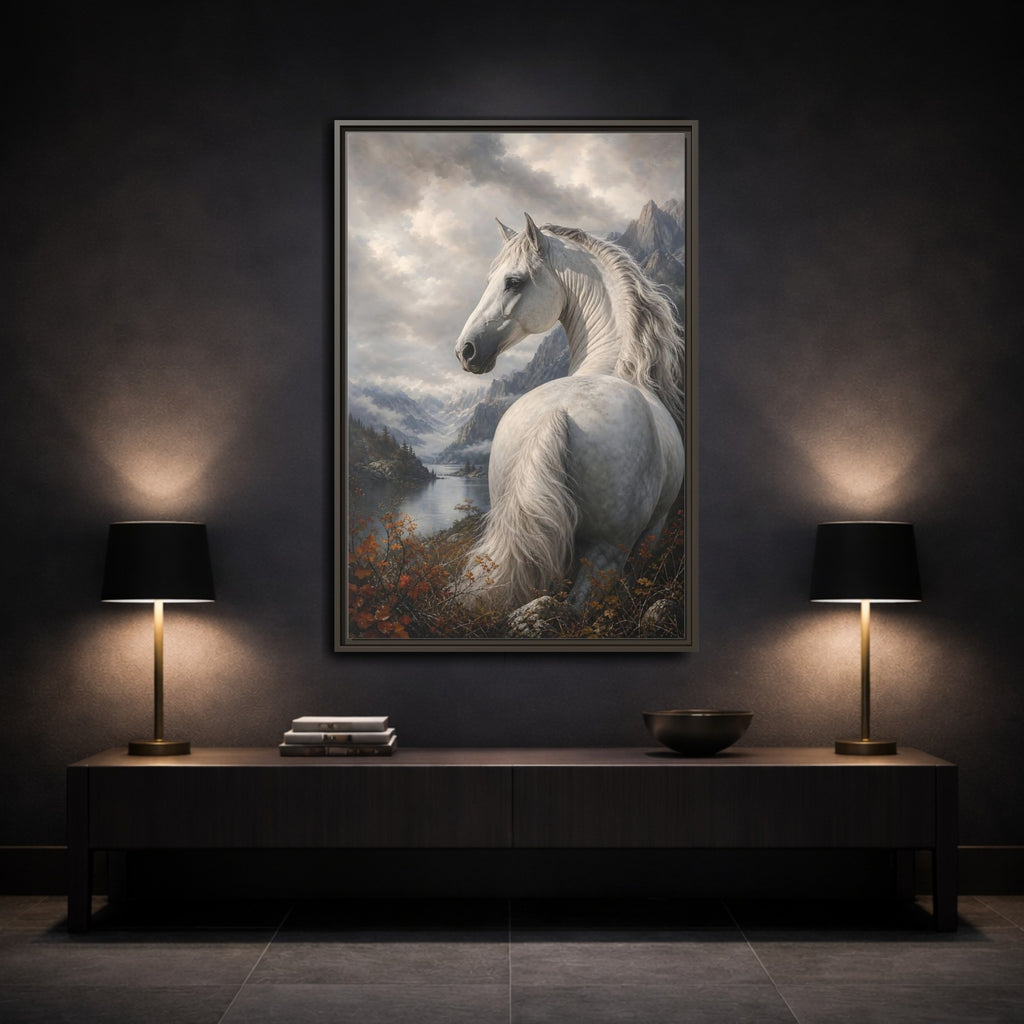 Mockup 3. Animals White Horse White Horse Landscape shown as stretched canvas wall art