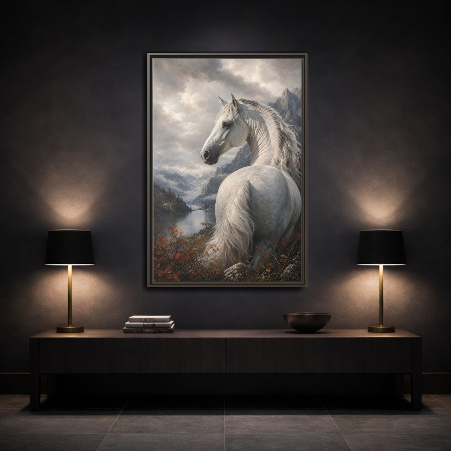 Animals White Horse Landscape Framed Canvas Wall Art - Living Room Decor, Above Console Table shown as canvas wall art