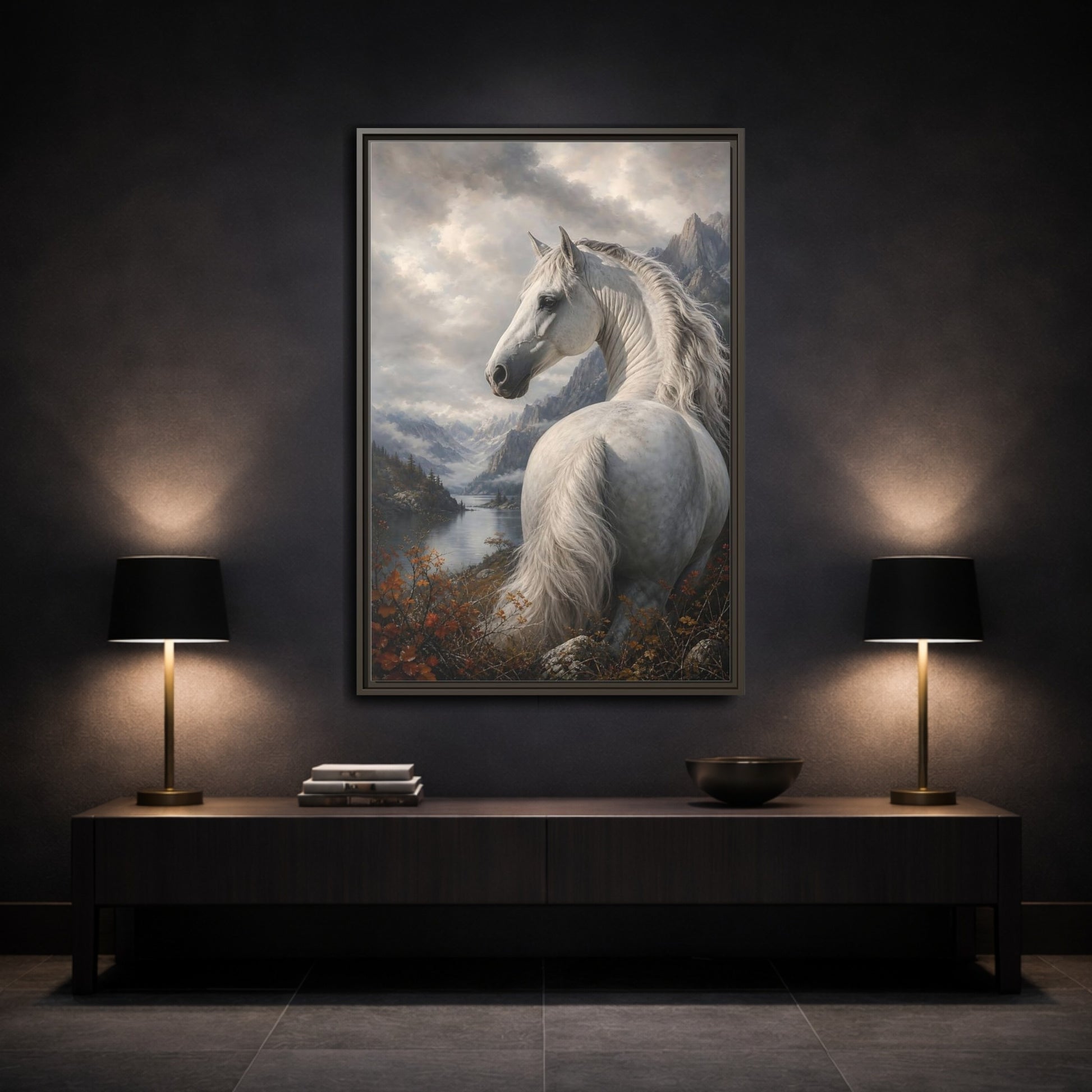 Animals White Horse Landscape Framed Canvas Wall Art - Living Room Decor, Above Console Table shown as canvas wall art