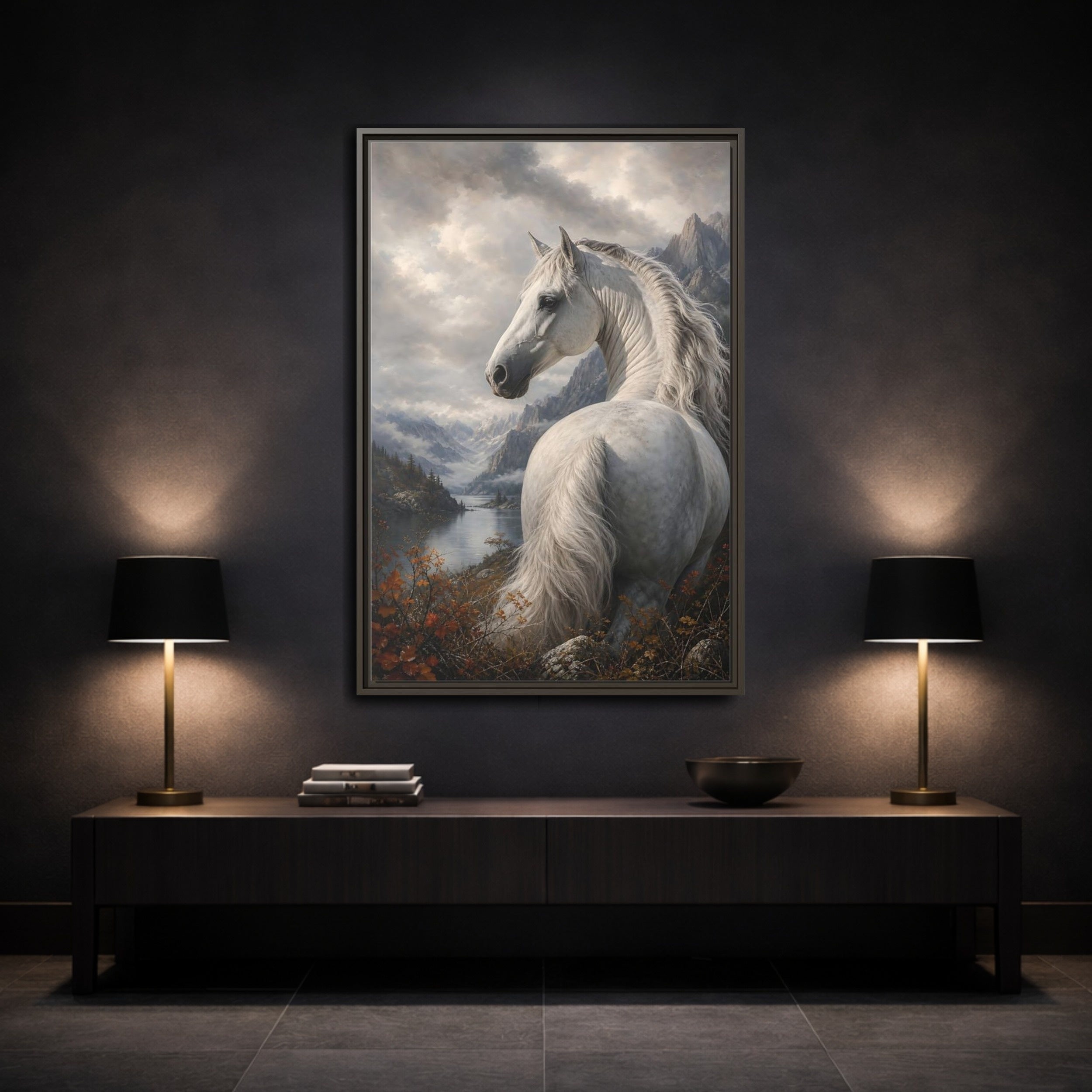 Mockup 3. Animals White Horse White Horse Landscape shown as stretched canvas wall art