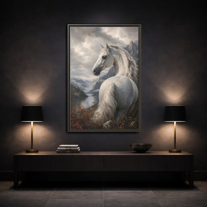 Animals White Horse Landscape Framed Canvas Wall Art - Living Room Decor, Above Console Table shown as canvas wall art