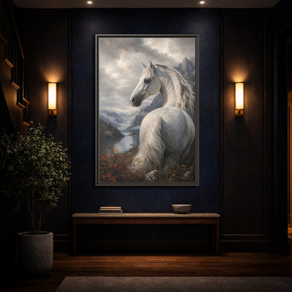 Animals White Horse Landscape Framed Canvas Wall Art - Living Room Decor, Above Console Table shown as canvas wall art