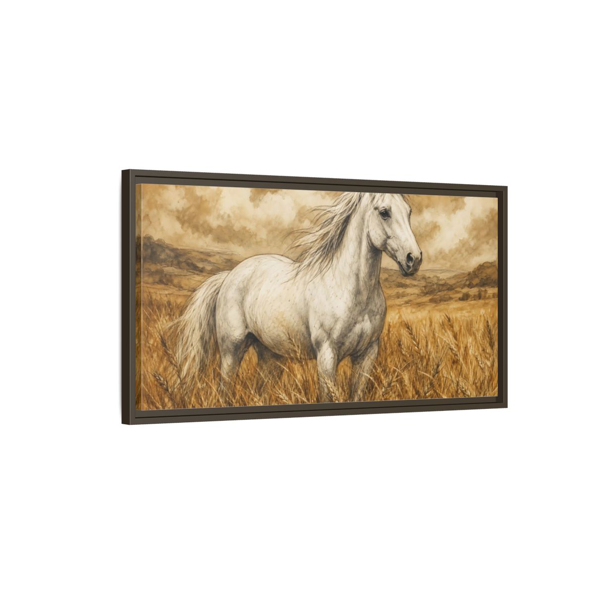 Main Mockup. Animals White Horse White Horse Sepia shown as stretched canvas wall art