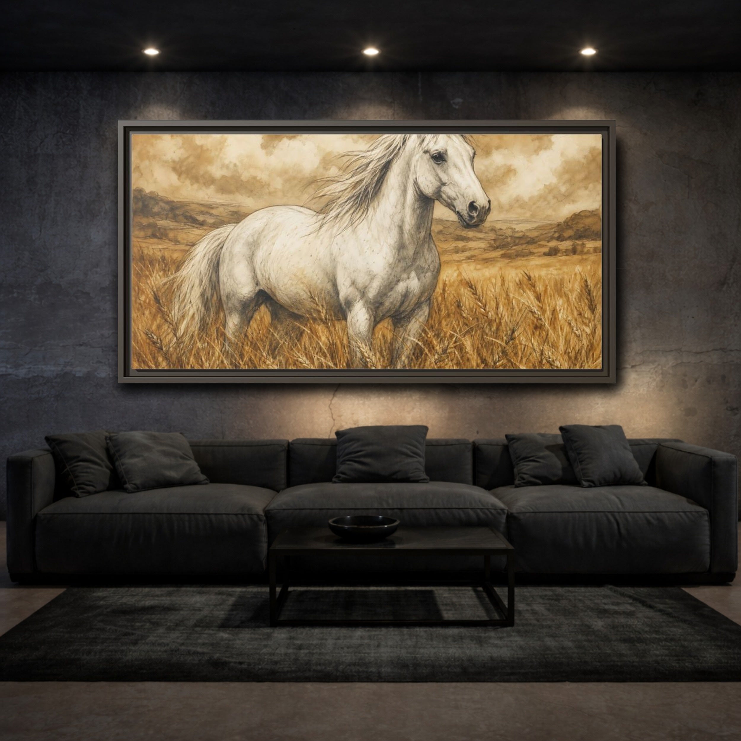 Mockup 2. Animals White Horse White Horse Sepia shown as stretched canvas wall art