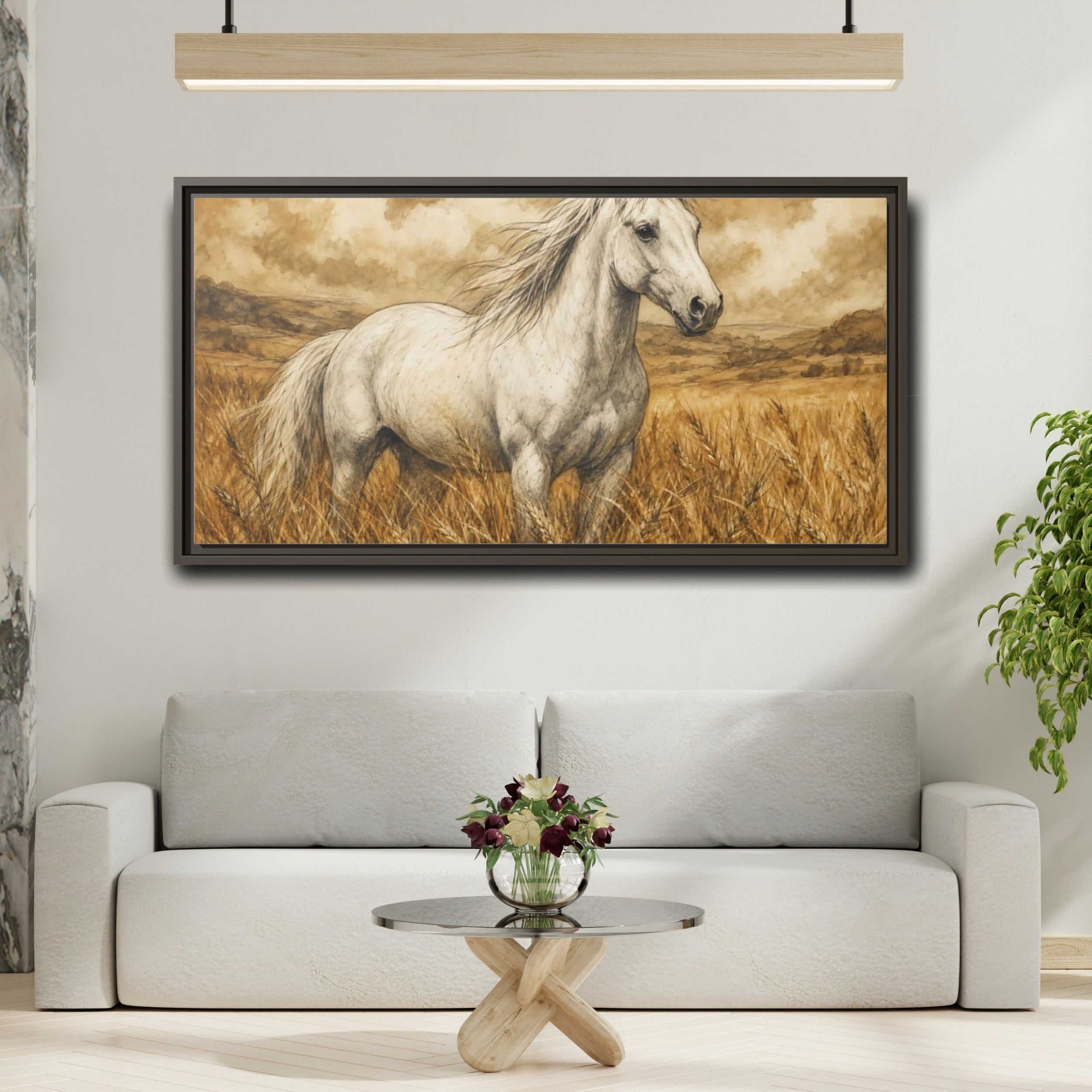 Mockup 3. Animals White Horse White Horse Sepia shown as stretched canvas wall art