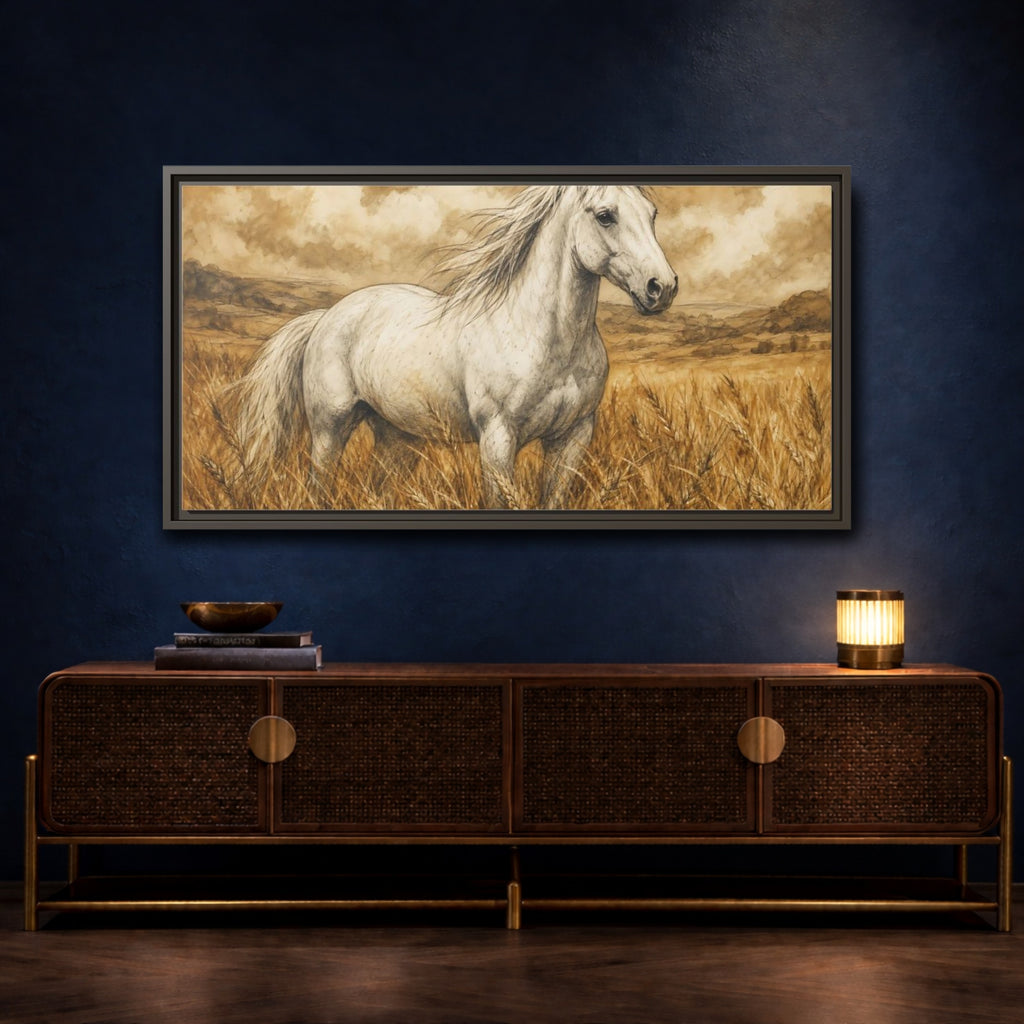 Mockup 4. Animals White Horse White Horse Sepia shown as stretched canvas wall art