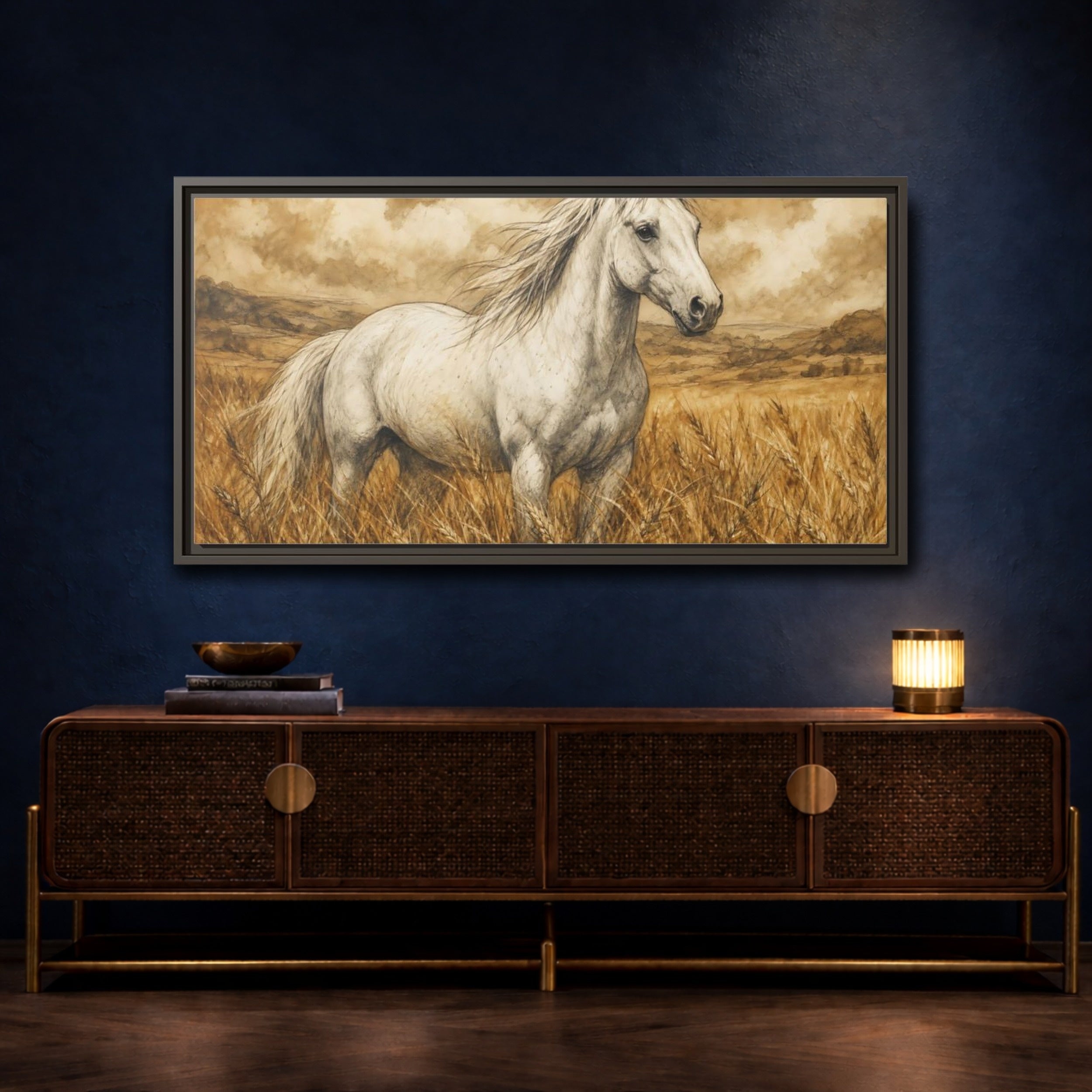 Mockup 4. Animals White Horse White Horse Sepia shown as stretched canvas wall art