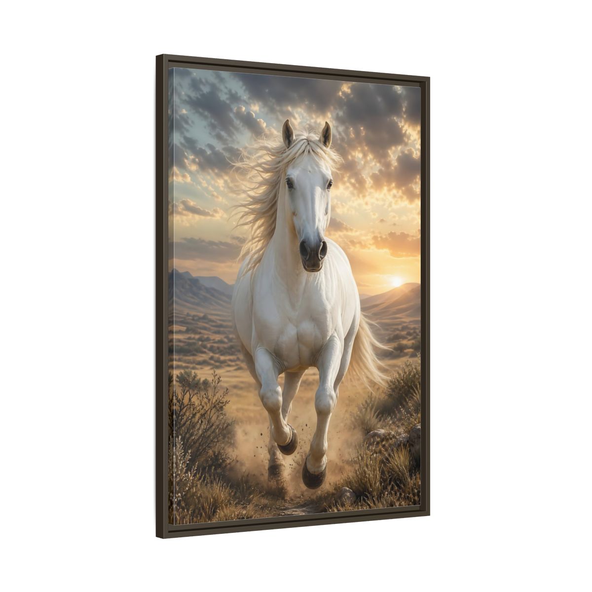 Main Mockup. Animals White Horse White Horse Sunset shown as stretched canvas wall art