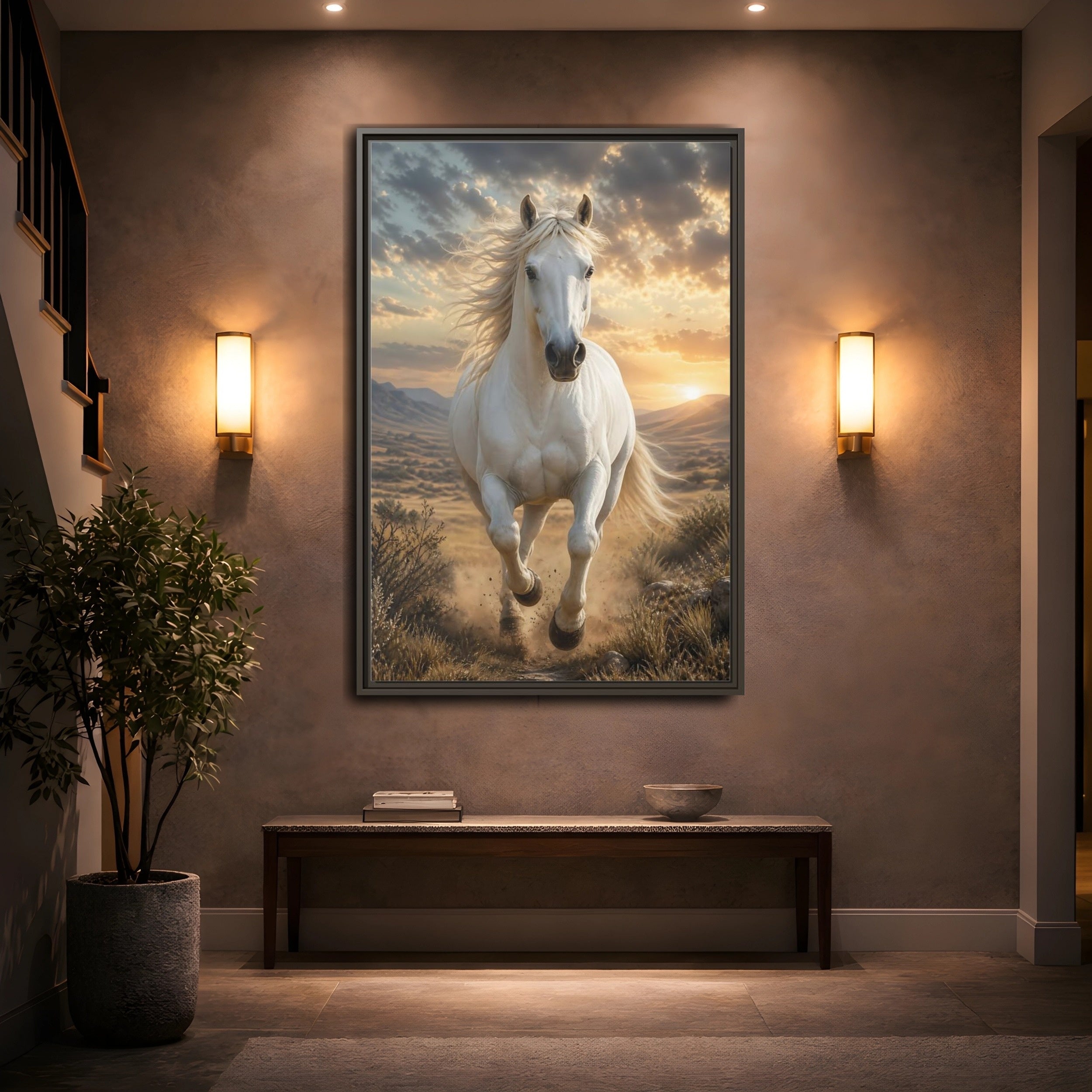 Mockup 2. Animals White Horse White Horse Sunset shown as stretched canvas wall art