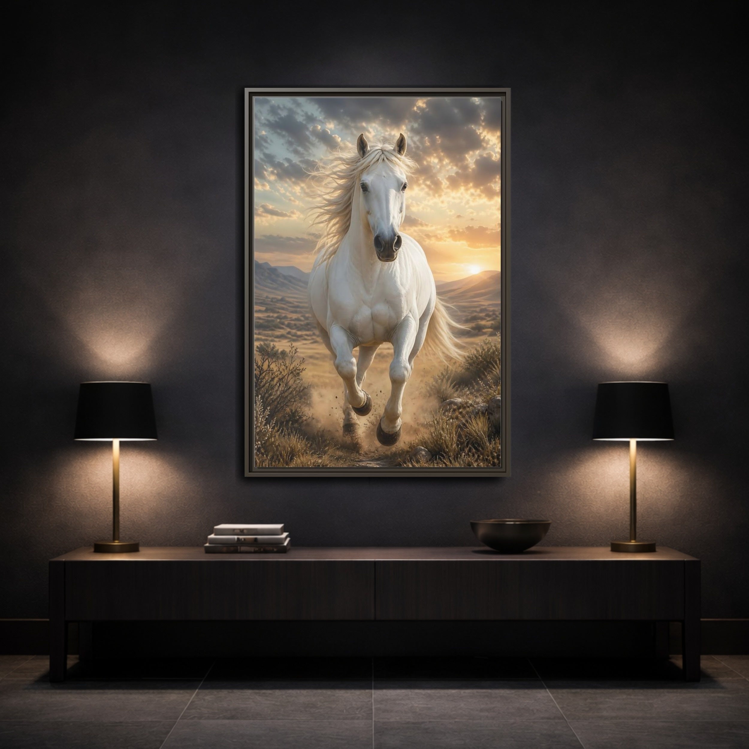 Mockup 3. Animals White Horse White Horse Sunset shown as stretched canvas wall art