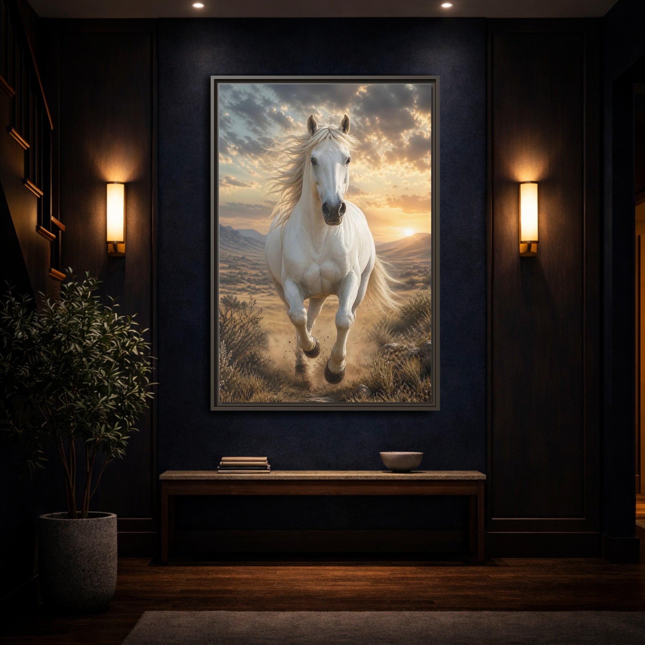 Mockup 4. Animals White Horse White Horse Sunset shown as stretched canvas wall art