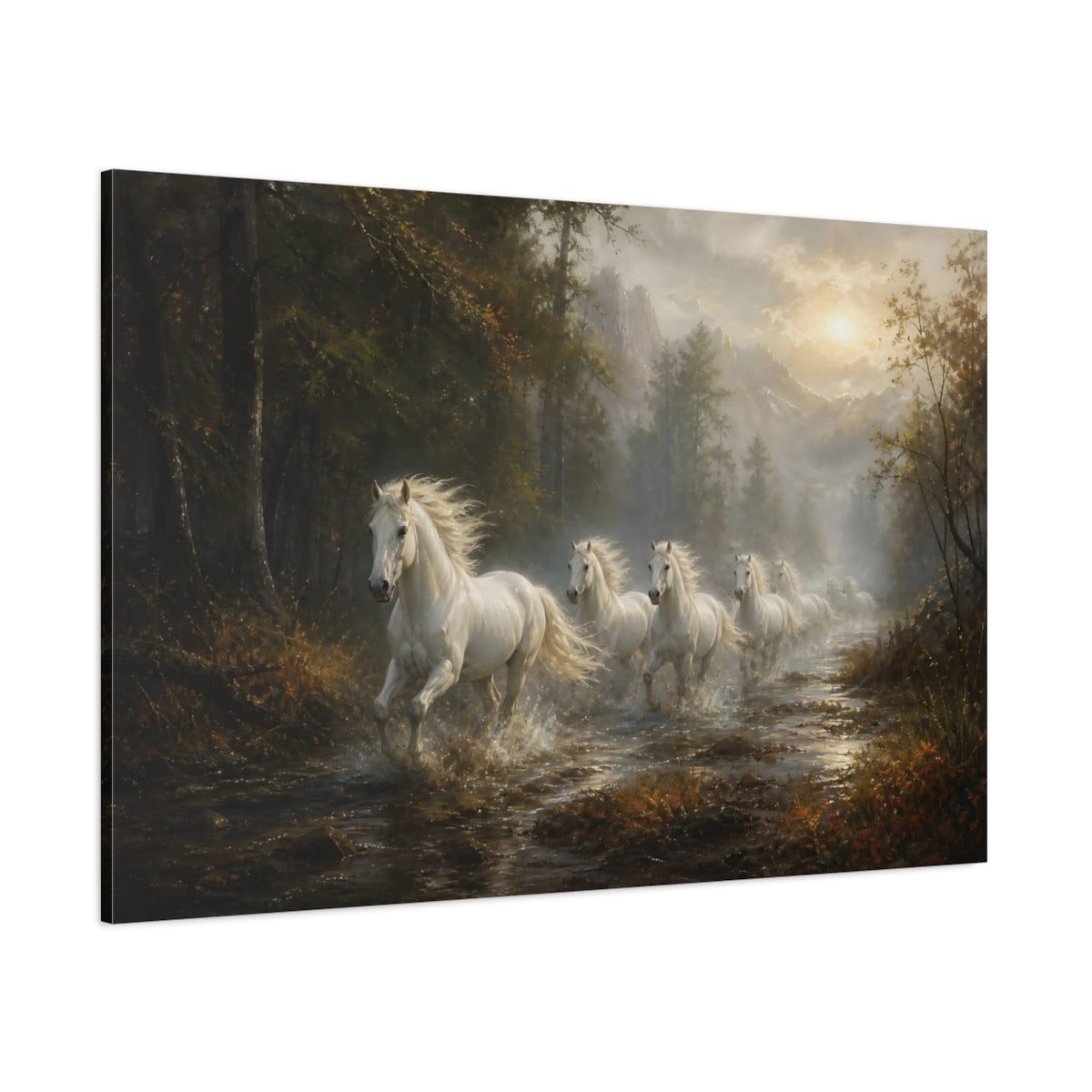 Side Mockup 1. Animals White Horses White Horses Forest shown as stretched canvas wall art