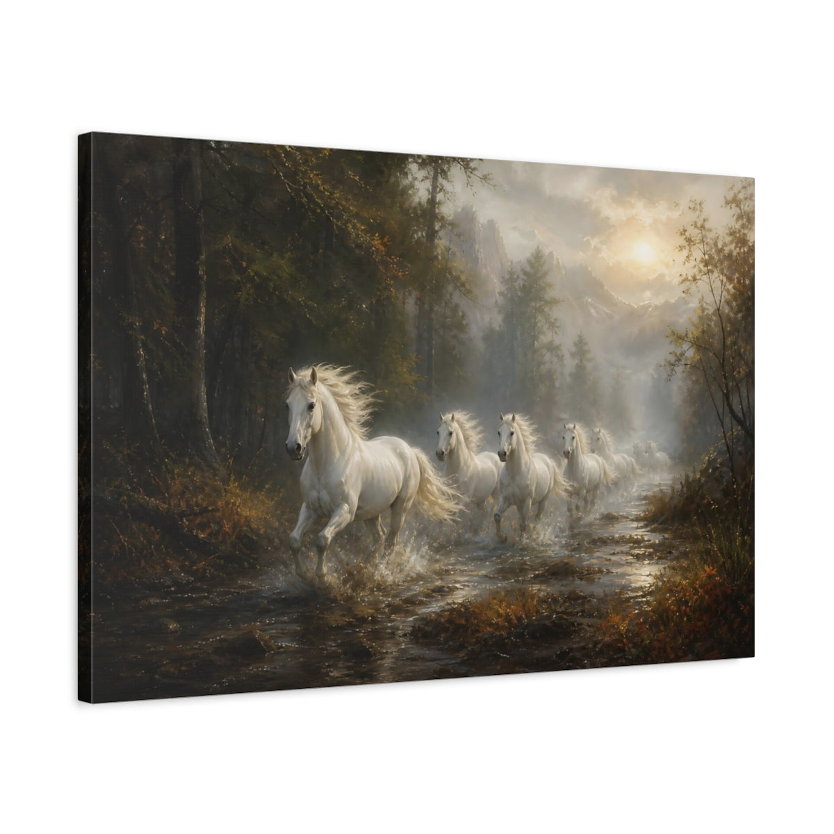 Side Mockup 2. Animals White Horses White Horses Forest shown as stretched canvas wall art