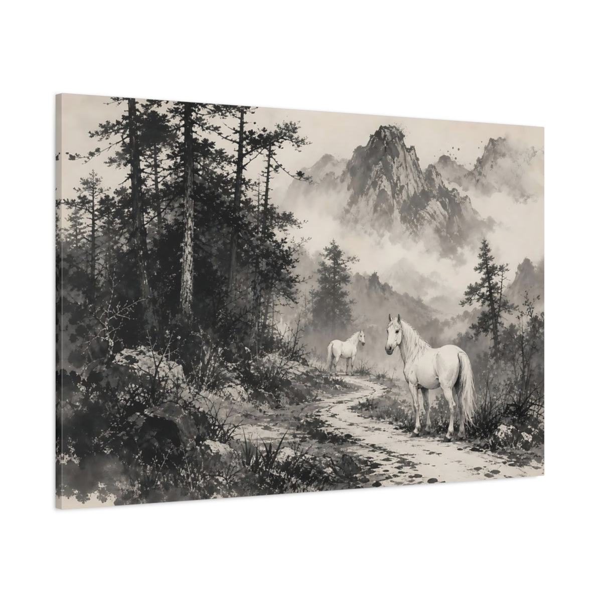 Side Mockup 1. Animals White Horses Monochrome Horses shown as stretched canvas wall art