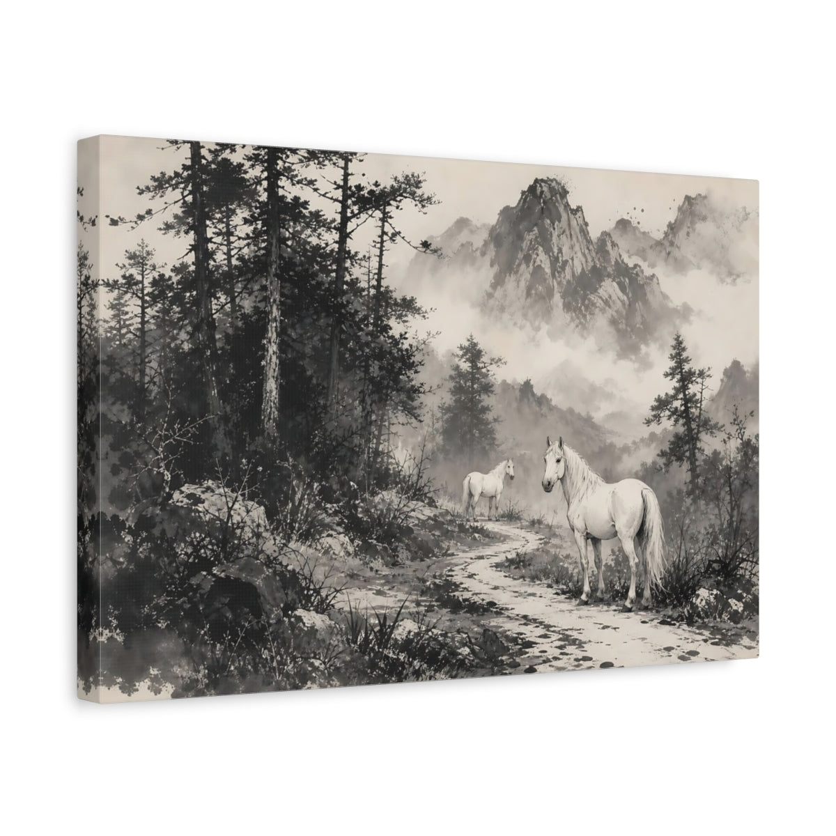 Side Mockup 4. Animals White Horses Monochrome Horses shown as stretched canvas wall art