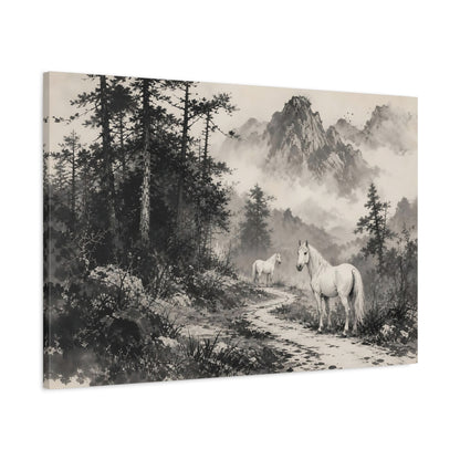 Main Mockup. Animals White Horses Monochrome Horses shown as stretched canvas wall art