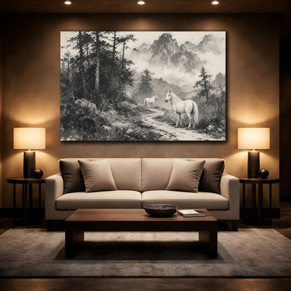 Mockup 2. Animals White Horses Monochrome Horses shown as stretched canvas wall art