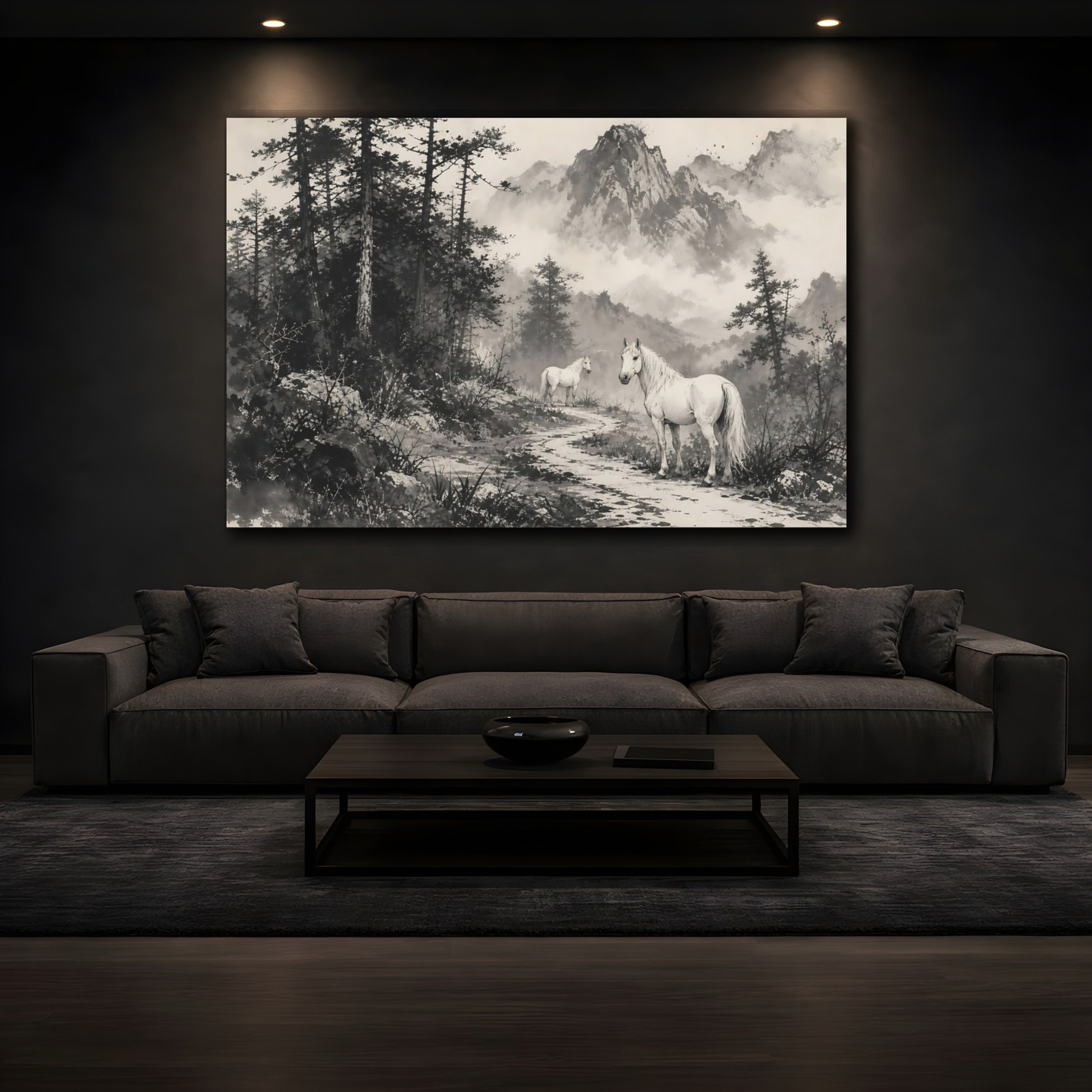 Mockup 3. Animals White Horses Monochrome Horses shown as stretched canvas wall art