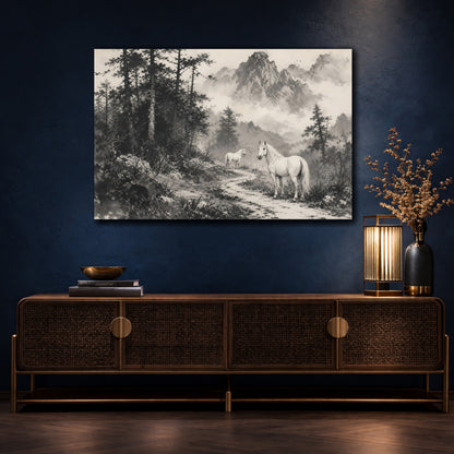 Mockup 4. Animals White Horses Monochrome Horses shown as stretched canvas wall art