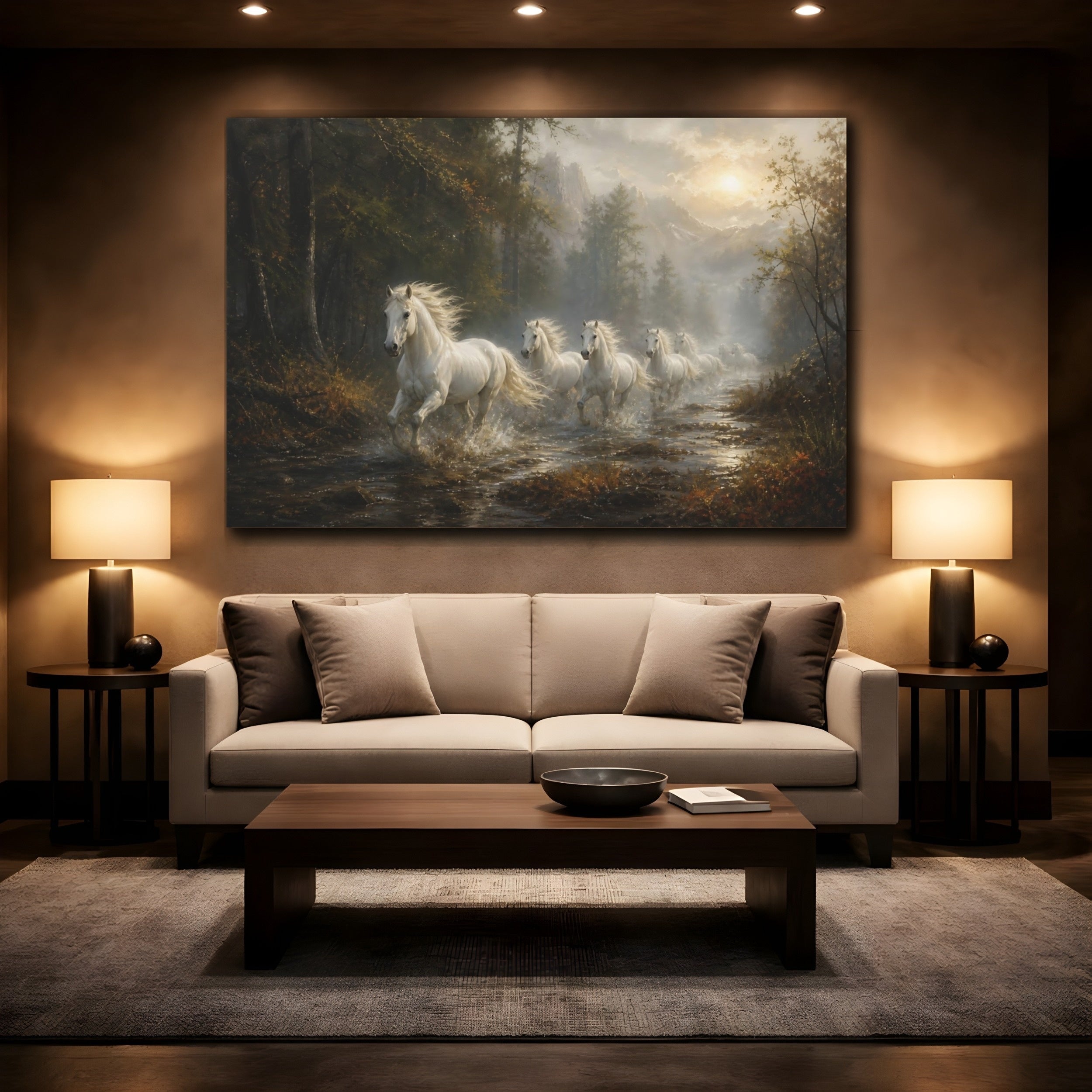 Mockup 2. Animals White Horses White Horses Forest shown as stretched canvas wall art