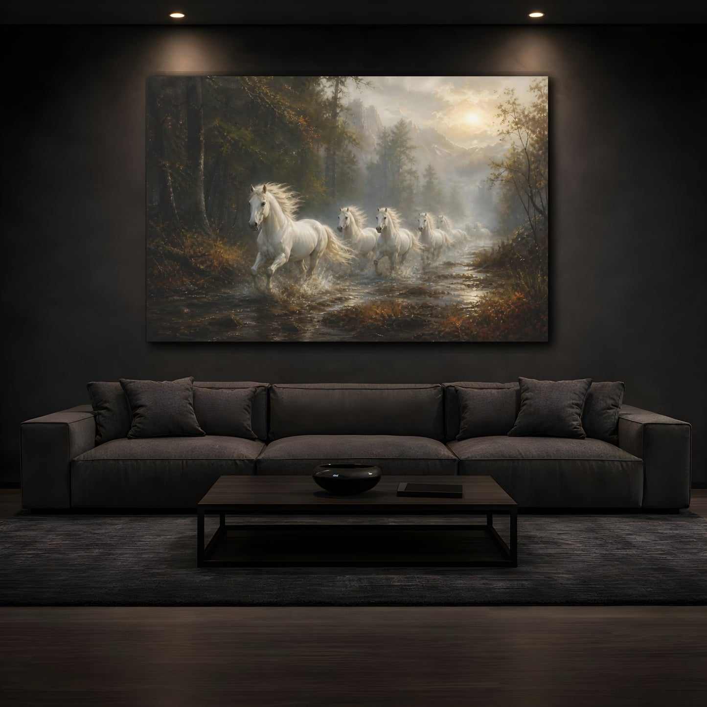 Mockup 3. Animals White Horses White Horses Forest shown as stretched canvas wall art