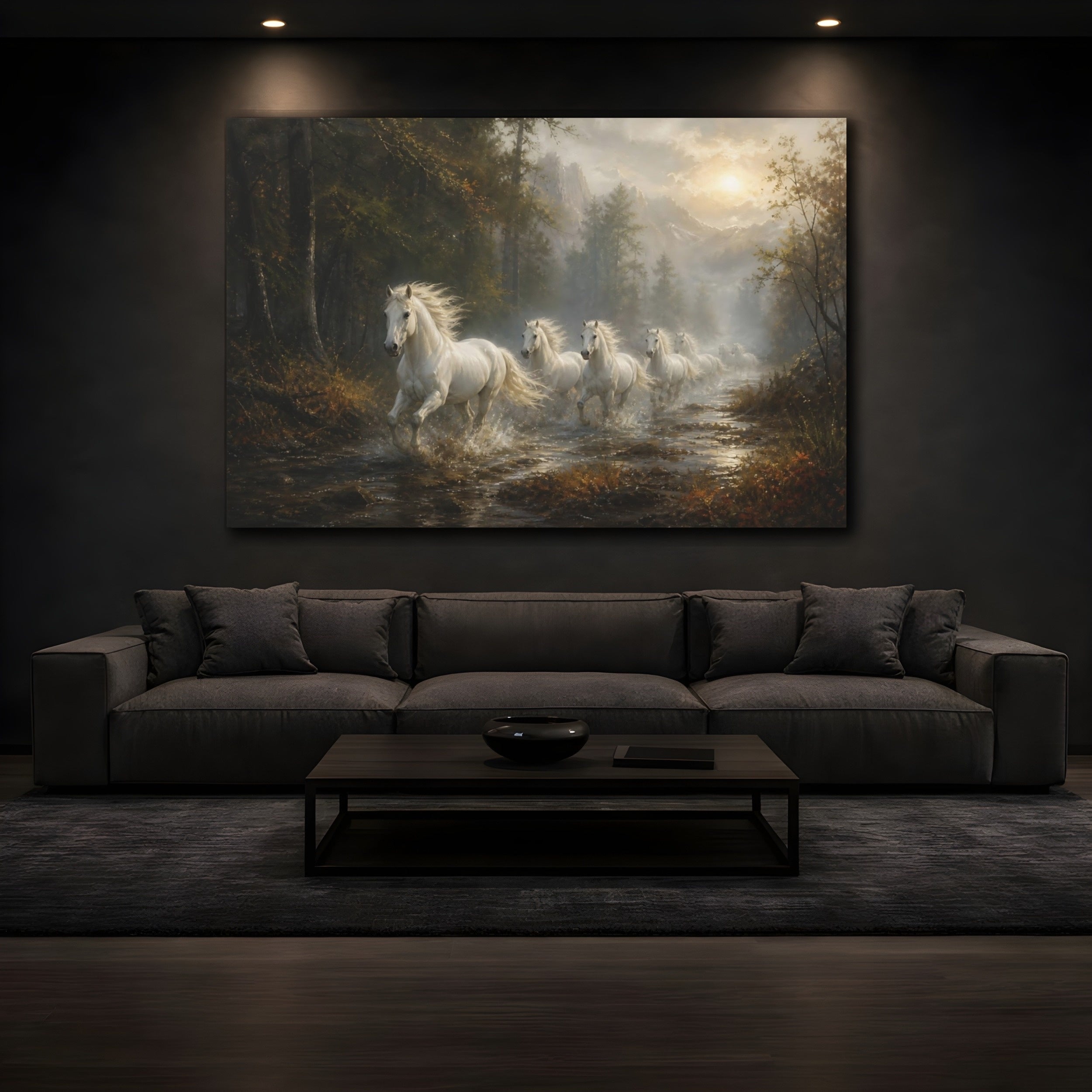 Mockup 3. Animals White Horses White Horses Forest shown as stretched canvas wall art