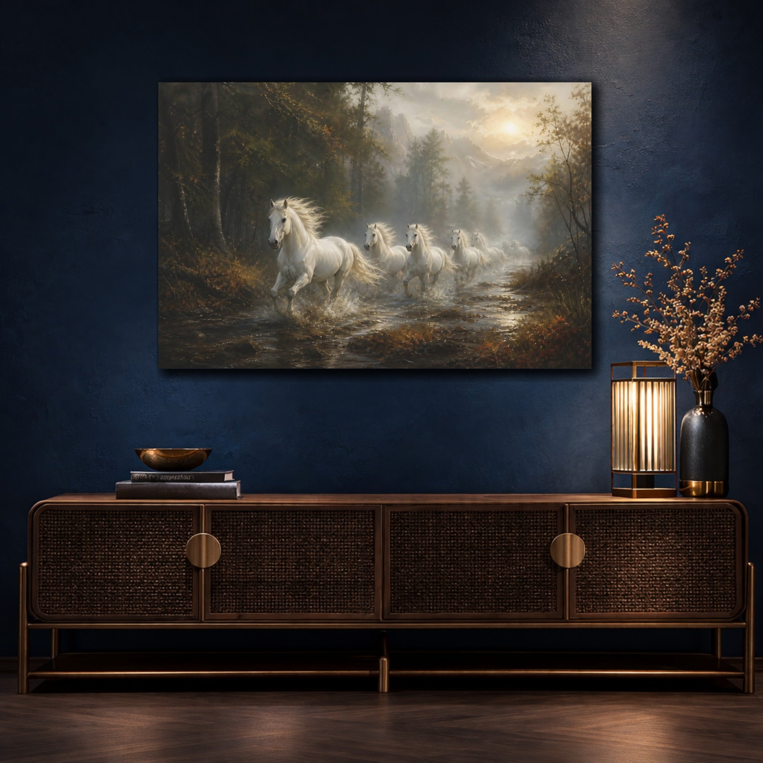 Mockup 4. Animals White Horses White Horses Forest shown as stretched canvas wall art