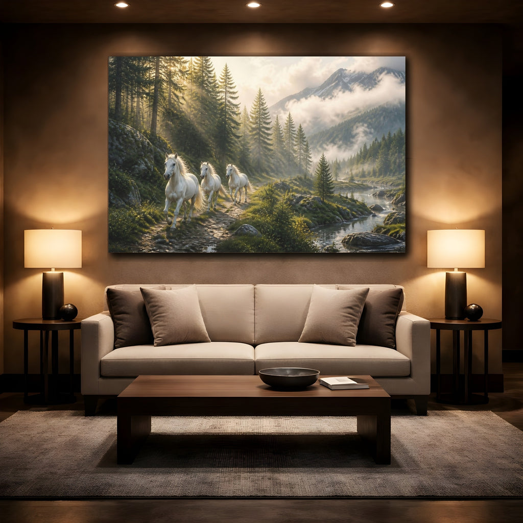 Mockup 2. Animals White Horses White Horses Nature shown as stretched canvas wall art