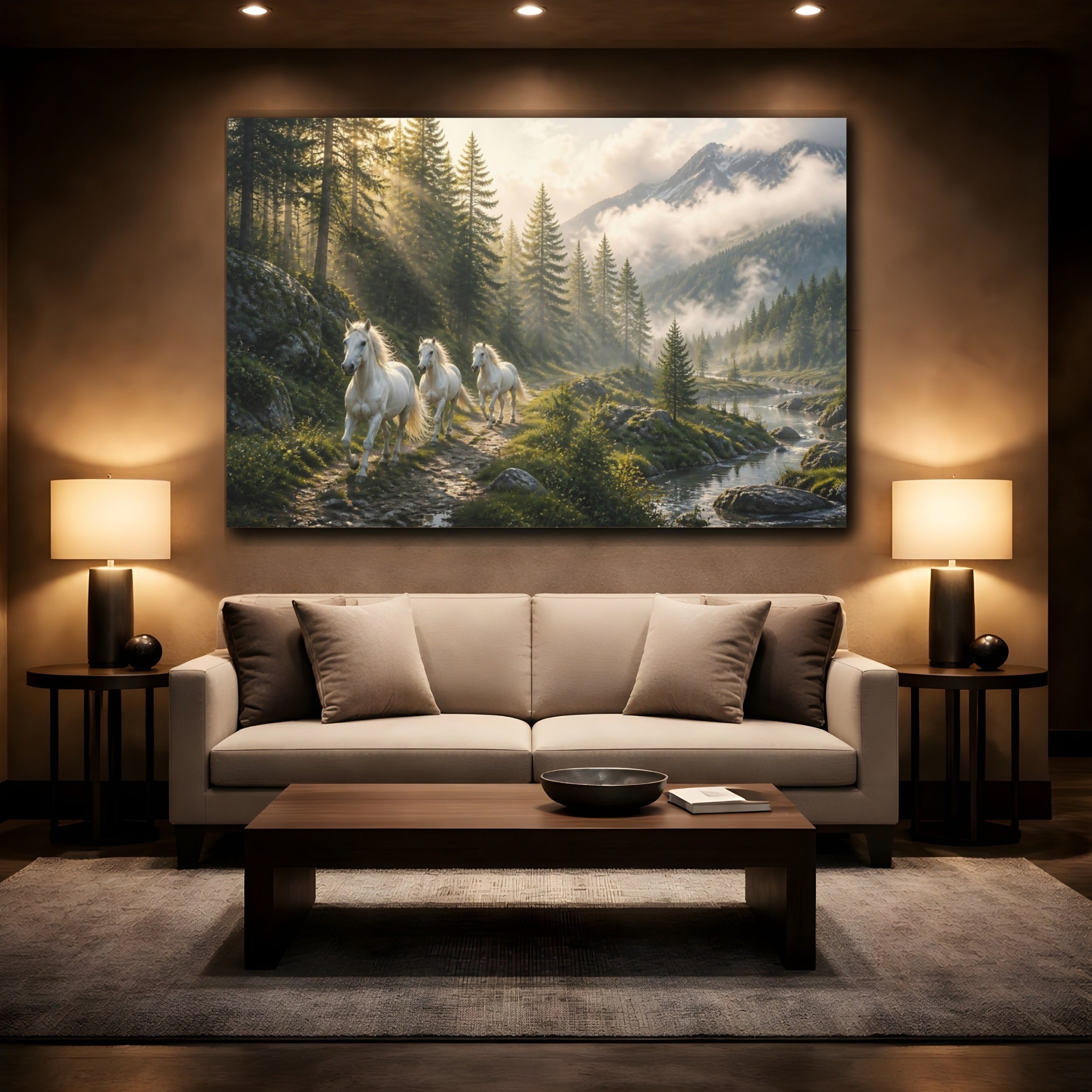 Mockup 2. Animals White Horses White Horses Nature shown as stretched canvas wall art