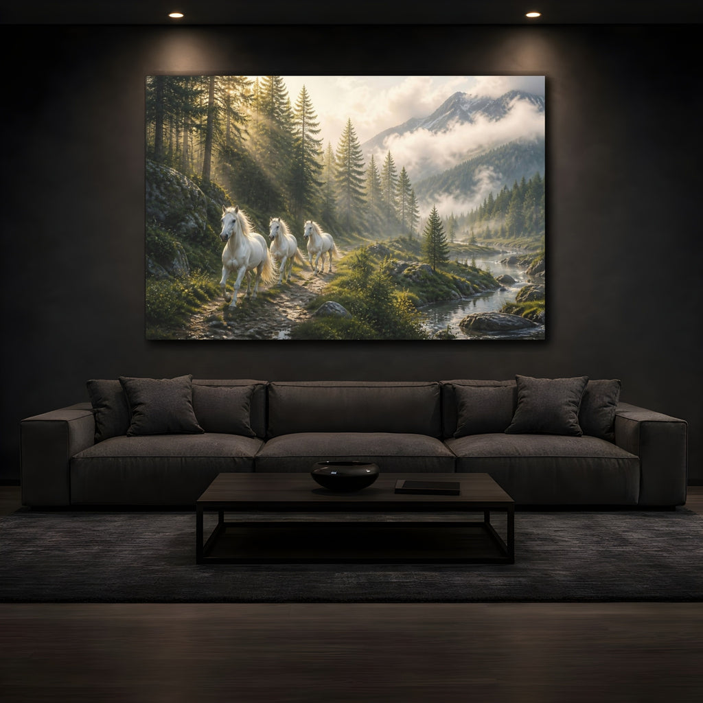 Mockup 3. Animals White Horses White Horses Nature shown as stretched canvas wall art
