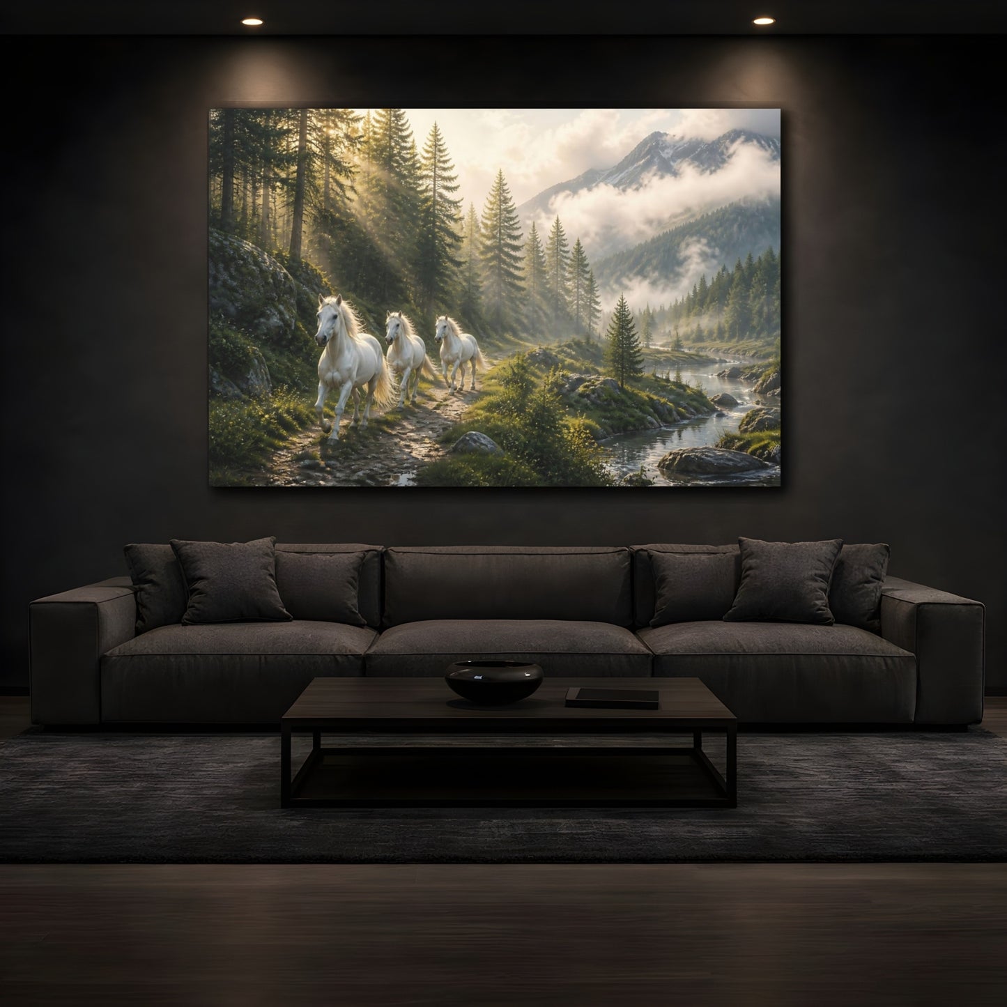 Mockup 3. Animals White Horses White Horses Nature shown as stretched canvas wall art
