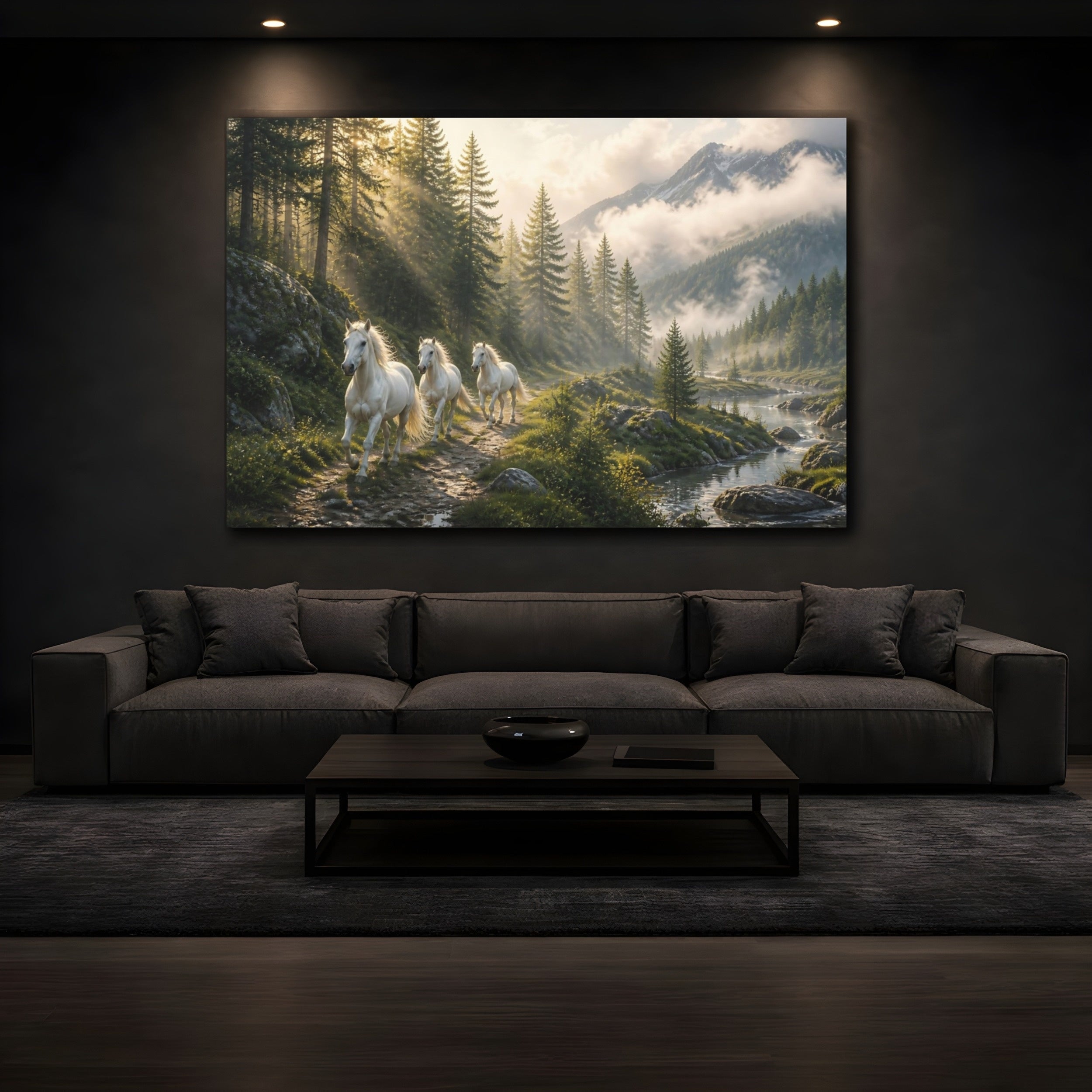 Mockup 3. Animals White Horses White Horses Nature shown as stretched canvas wall art