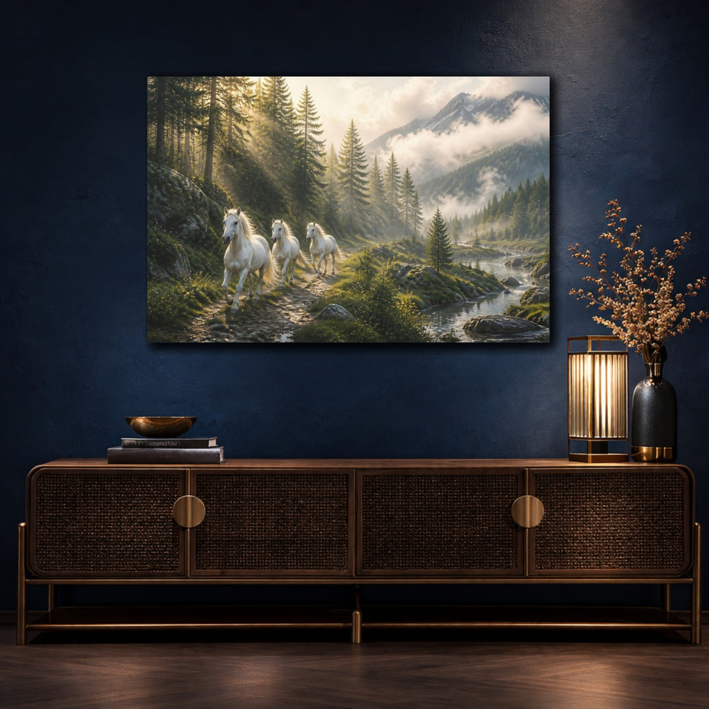 Mockup 4. Animals White Horses White Horses Nature shown as stretched canvas wall art