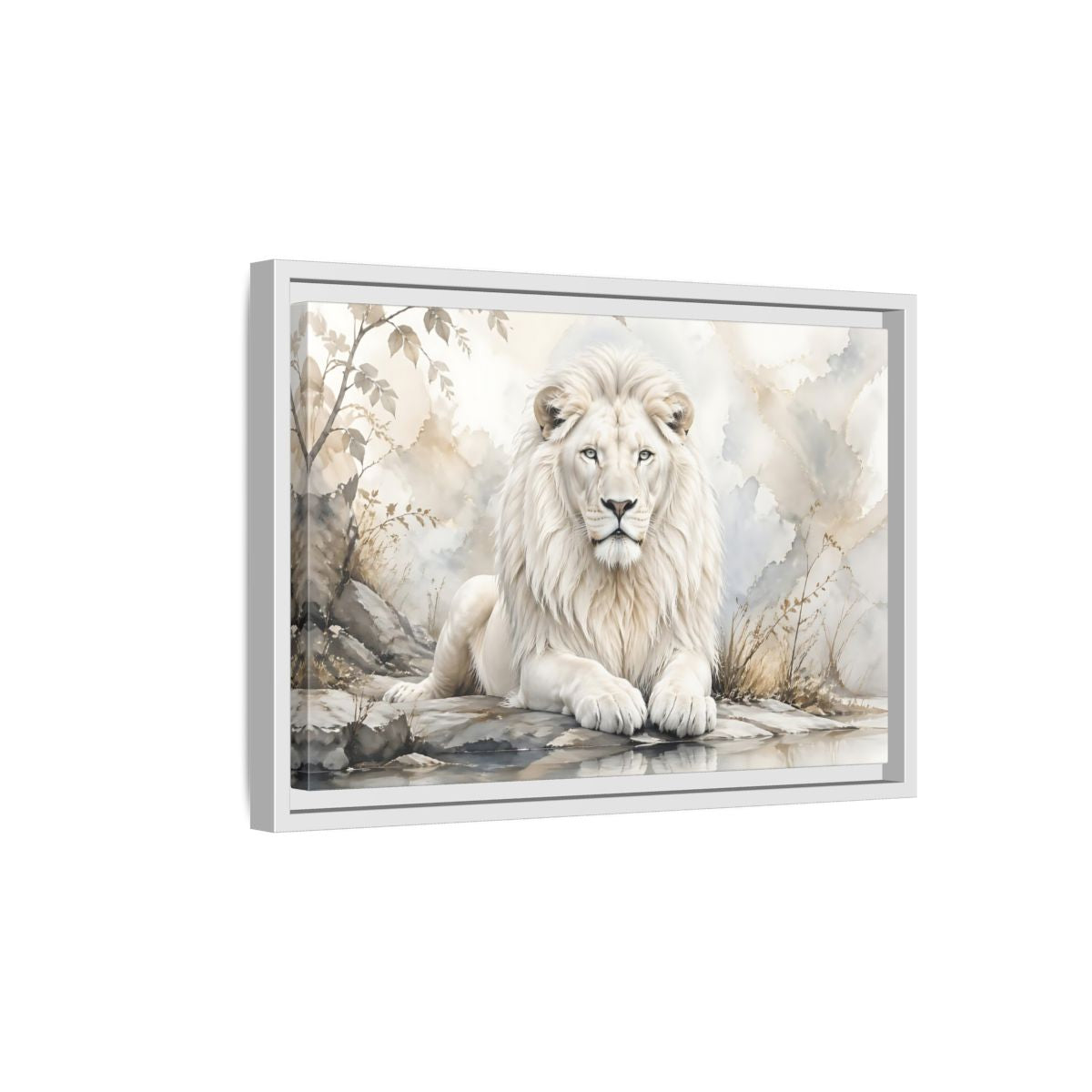 Side Mockup 4. Animals White Lion White Lion Art shown as stretched canvas wall art