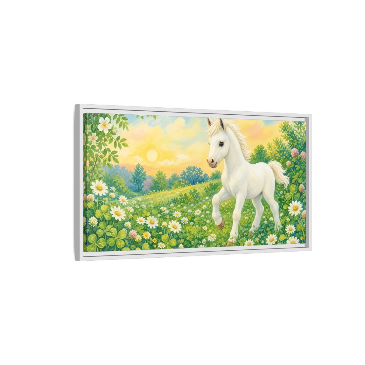 Side Mockup 1. Animals White Pony White Pony shown as stretched canvas wall art