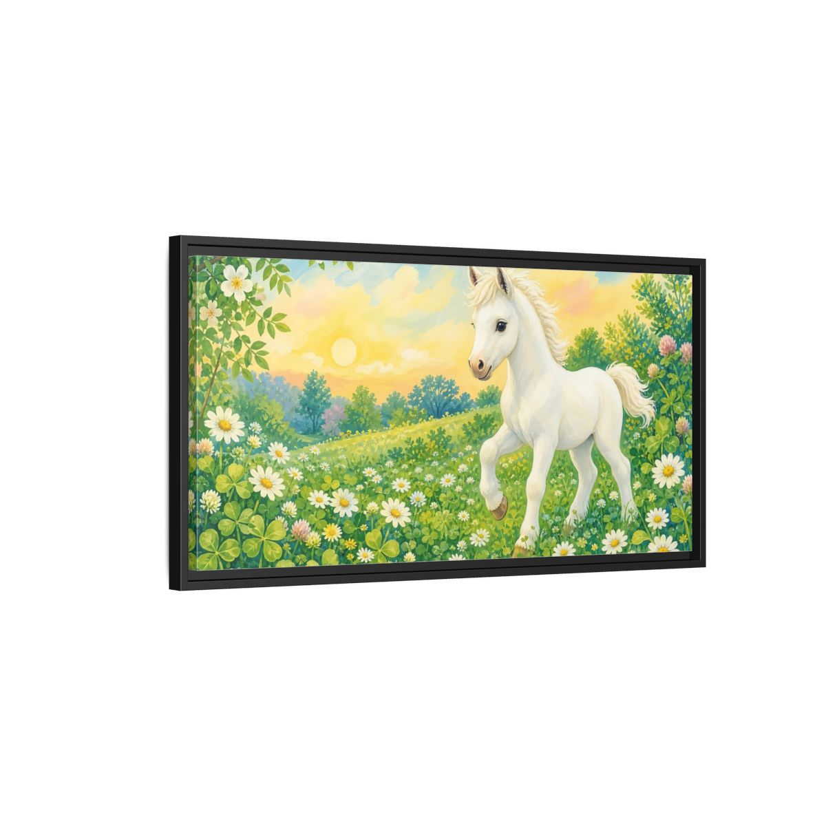 Side Mockup 2. Animals White Pony White Pony shown as stretched canvas wall art
